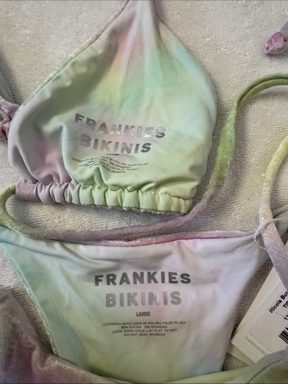 NWT Frankie’s Bikinis Tie-Dye Velvet Triangle Bikini Set - Pastel Multi - Picture 2 of 4